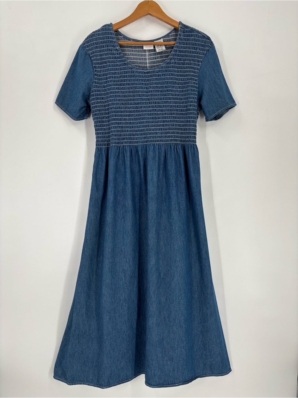 Vintage 90s Bobbie Brooks Denim Maxi Dress L Blue Smocked Cotton Country Jean